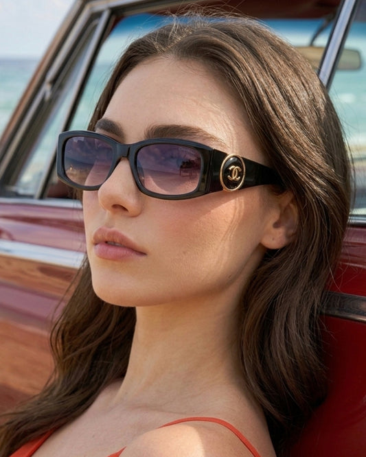 C H A N E L Rectangular Sunglasses – Glossy Black with Gradient Grey Lenses