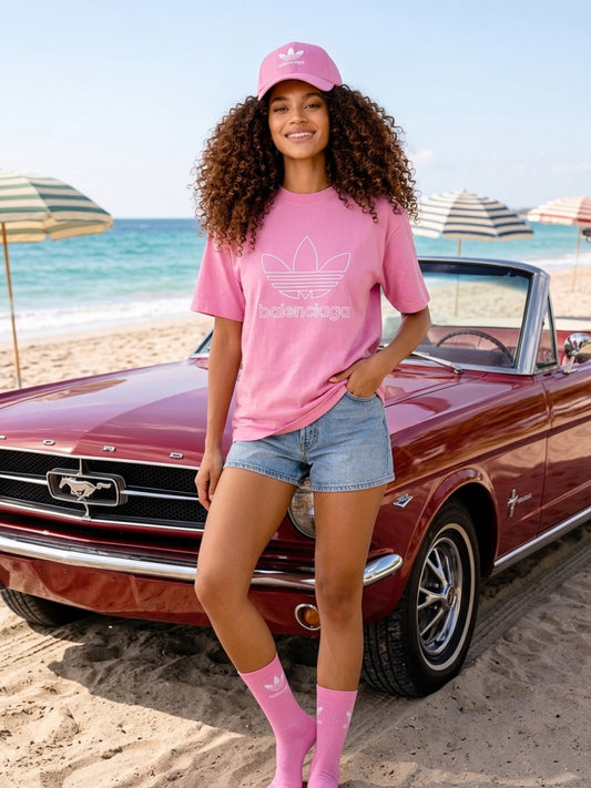 A.d.i.d.a.s x B.a.l.e.n.c.i.a.g.a Oversized Pink T-Shirt, Cap, & Ribbed Sock Set – Hello Studio Edition