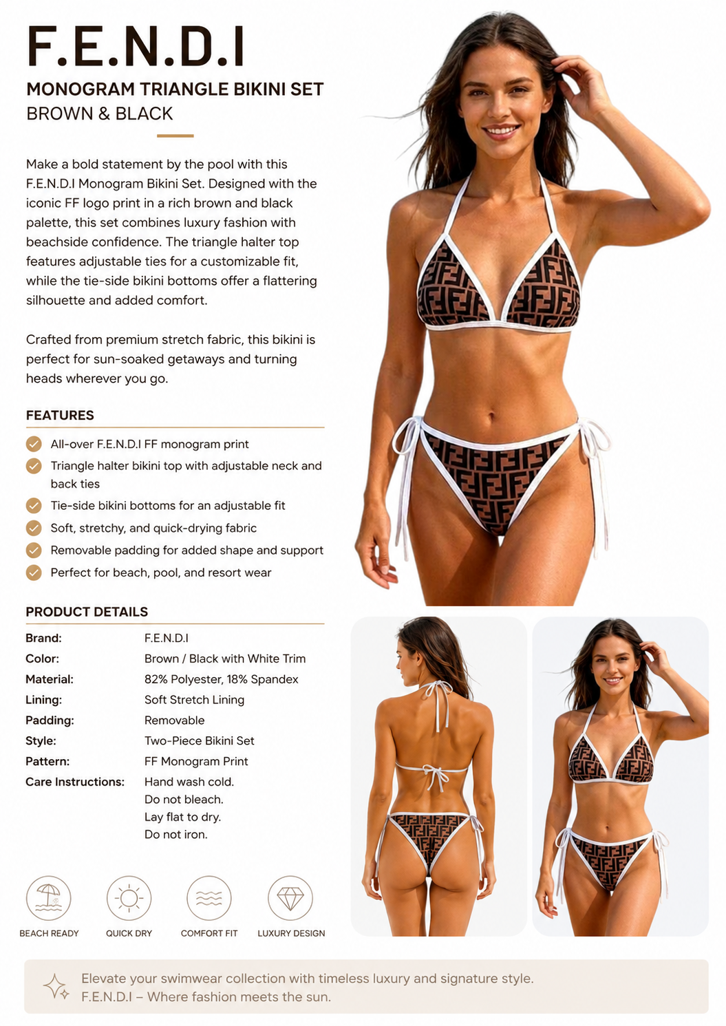 F.E.N.D.I | FF Monogram Triangle Bikini Set – Brown & Black
