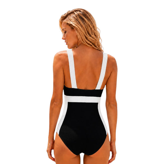 C.H.A.N.E.L Textured Color-Block One-Piece Swimsuit – Black & White