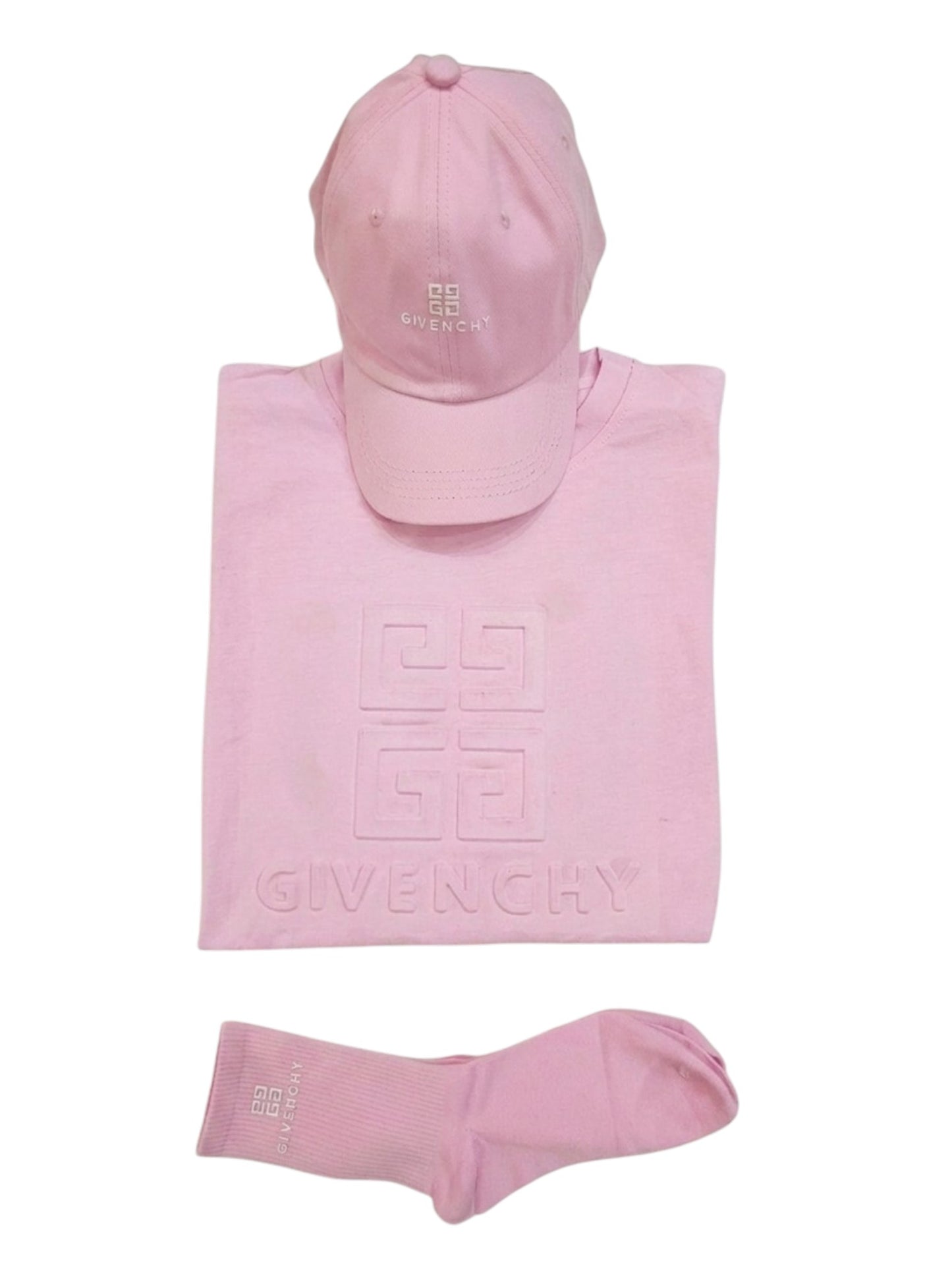G.I.V.E.N.C.H.Y Oversized Light Pink T-Shirt, Cap, & Ribbed Sock Set – Hello Studio Edition