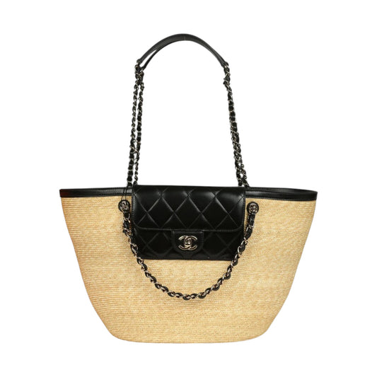Chanel Large Shopping Tote Bag Beige Raffia and White & Black Lambskin Light Gold Hardware