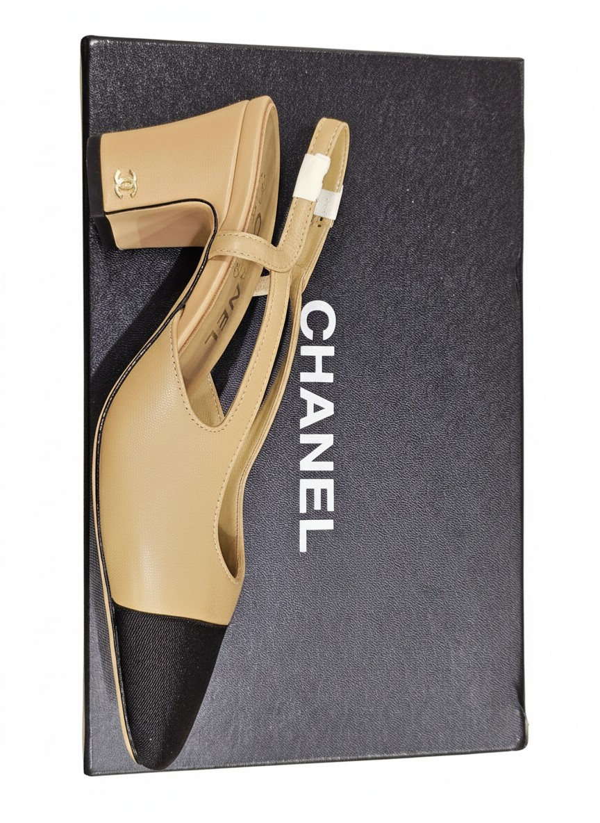 C.H.A.N.E.L Slingbacks Goatskin & Grosgrain Beige & Black