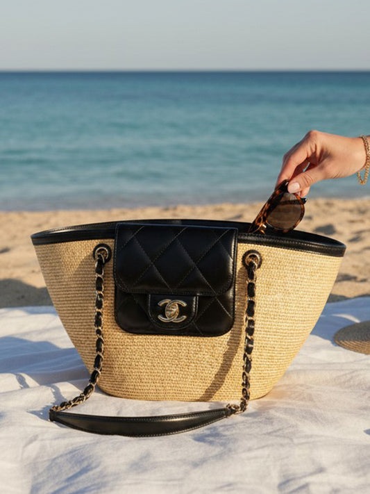 Chanel Large Shopping Tote Bag Beige Raffia and White & Black Lambskin Light Gold Hardware