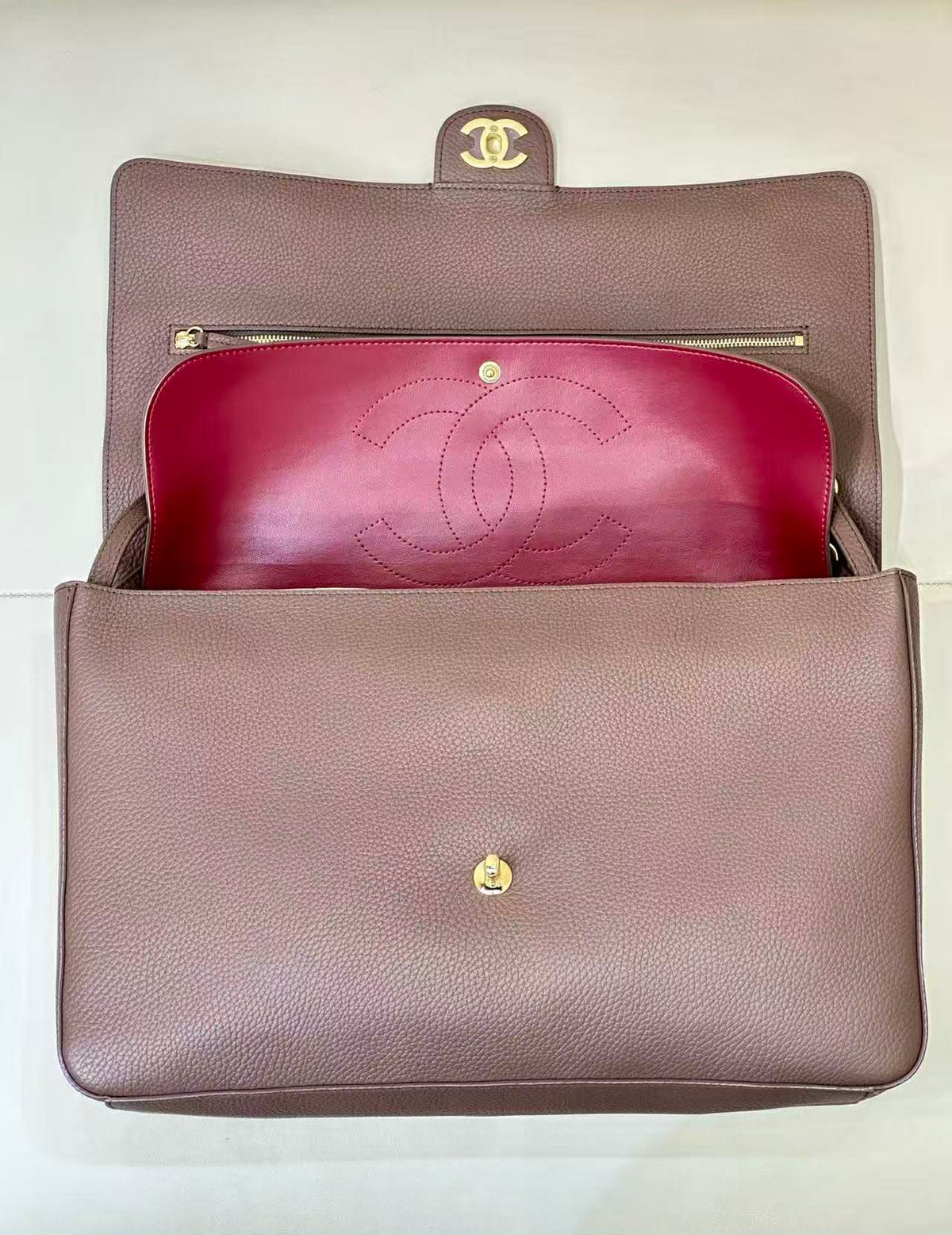 C.H.A.N.E.L Maxi Flap bag   Grained Calfskin & Gold & Silver-Tone Metal  Dark Khaki