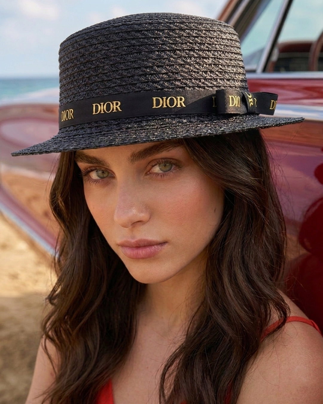 D.i.o.r Cannage Braided Straw Boater Hat – Black with Gold Logo Ribbon