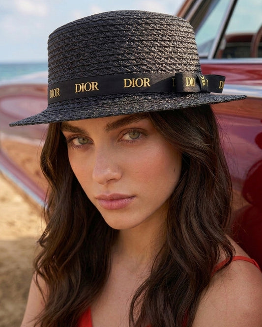 D.i.o.r Cannage Braided Straw Boater Hat – Black with Gold Logo Ribbon