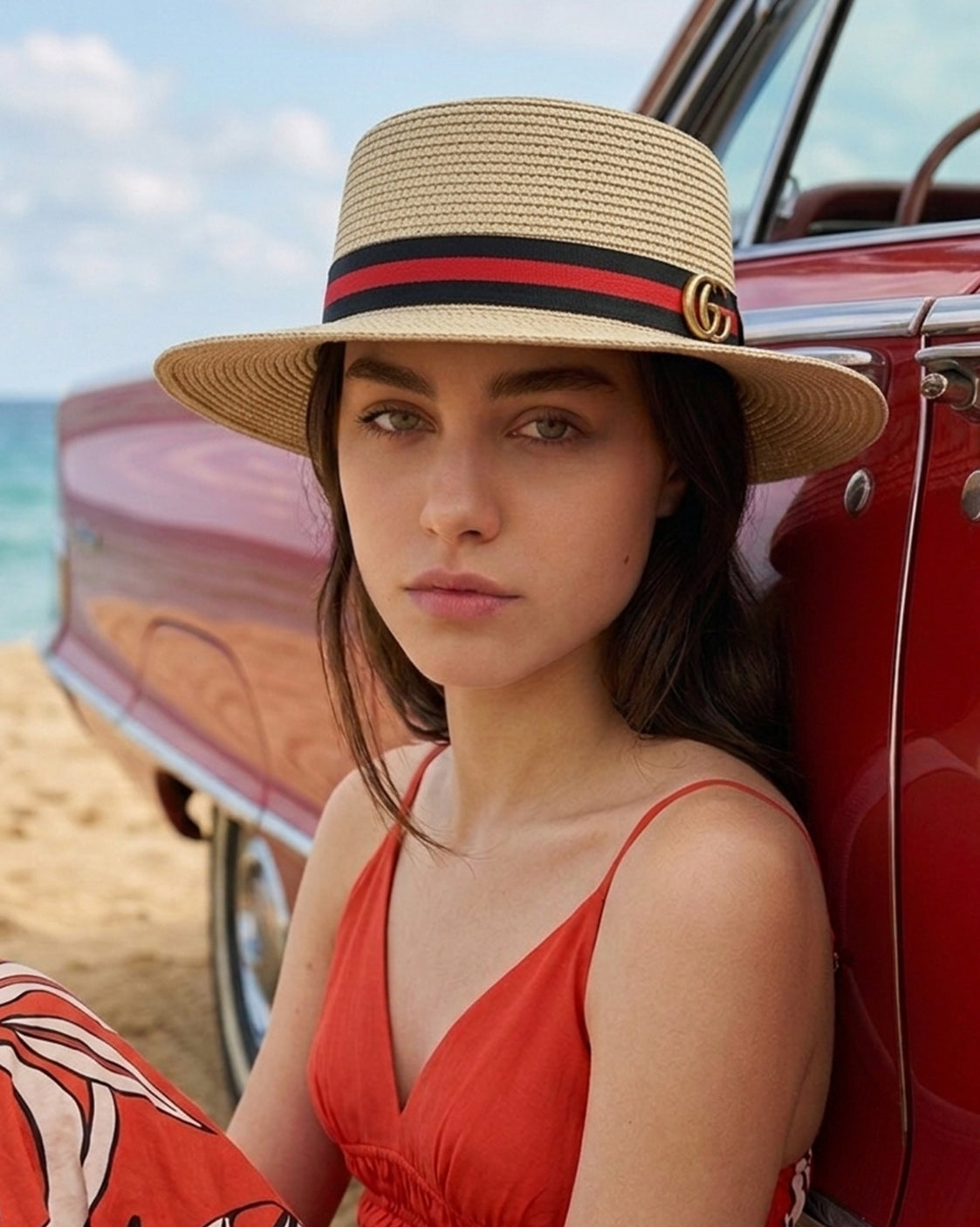 G.U.C.C.I  G.G Stripe Wide-Brim Straw Boater Hat