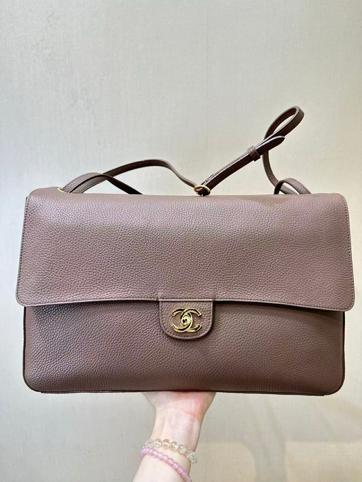 C.H.A.N.E.L Maxi Flap bag   Grained Calfskin & Gold & Silver-Tone Metal  Dark Khaki
