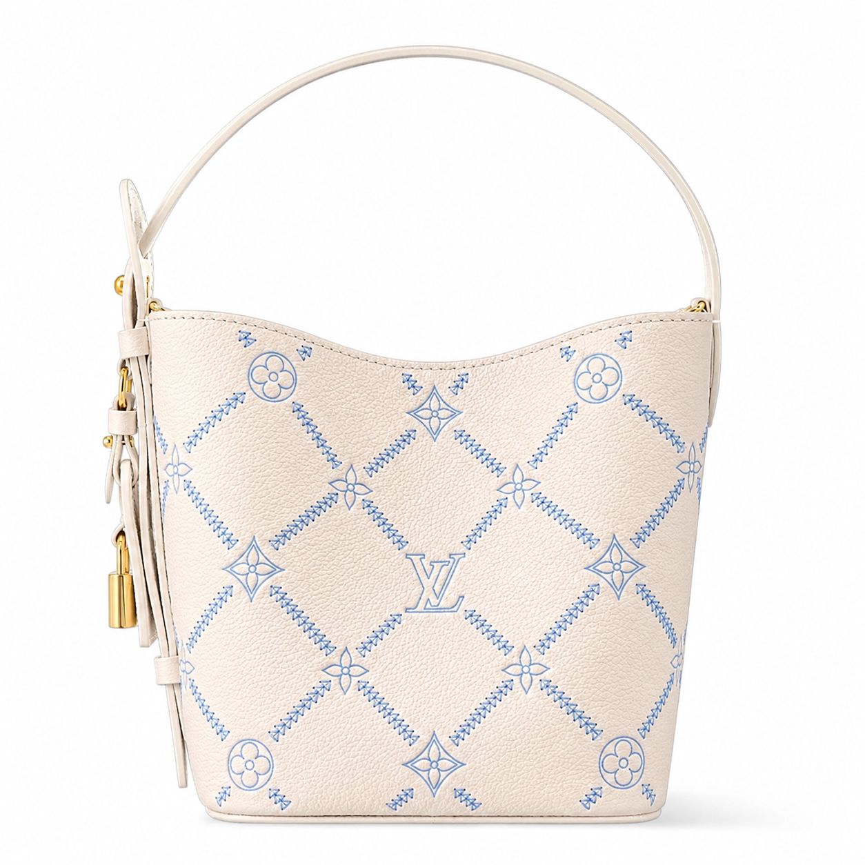 Beige handbag with blue embroidery on a white background
