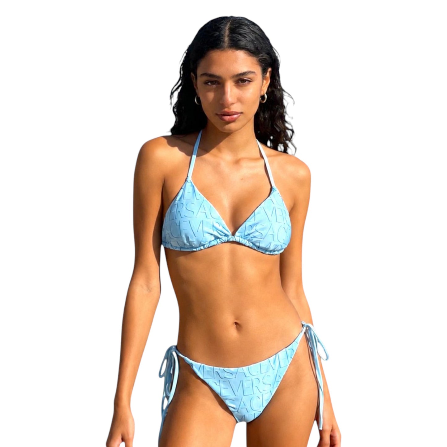 V.E.R.S.A.C.E Light Blue Logo Embossed Triangle Bikini Set