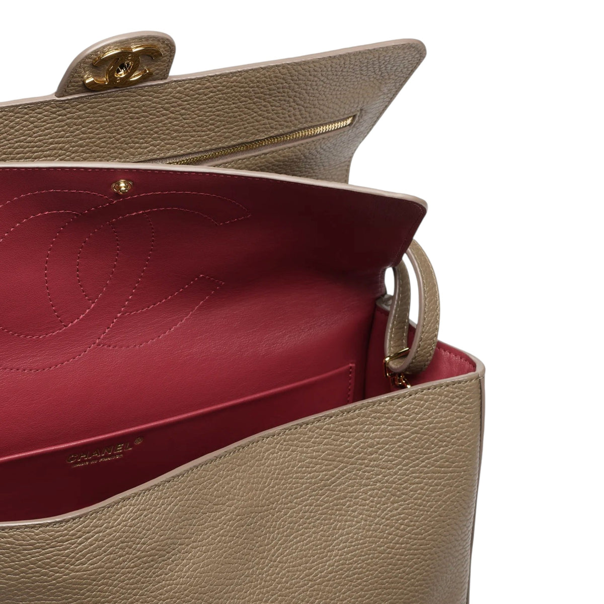 C.H.A.N.E.L Maxi Flap bag   Grained Calfskin & Gold & Silver-Tone Metal  Dark Khaki