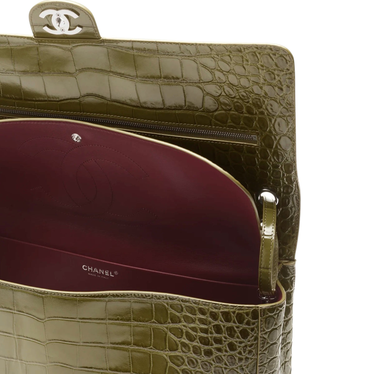 C.H.A.N.E.L Maxi Flap bag   Crocodile Embossed Calfskin & Silver-Tone Metal  Khaki