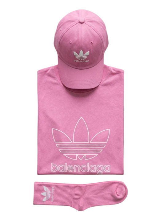 Adidas x Balenciaga Oversized Pink T-Shirt, Cap, & Ribbed Sock Set – Hello Studio Edition