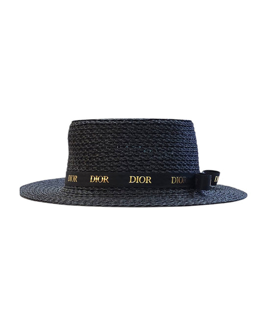 D.i.o.r Cannage Braided Straw Boater Hat – Black with Gold Logo Ribbon
