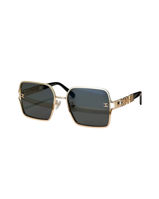 C H A N E L Square Sunglasses – Gold & Gray Gradient with Crystal Logo Detailing
