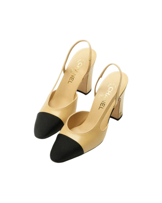C.H.A.N.E.L  Slingbacks   Goatskin & Grosgrain  Beige & Black