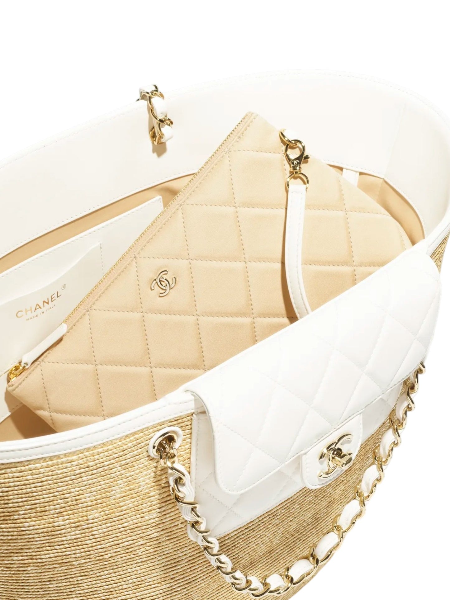Chanel Large Shopping Tote Bag Beige Raffia and White & Black Lambskin Light Gold Hardware