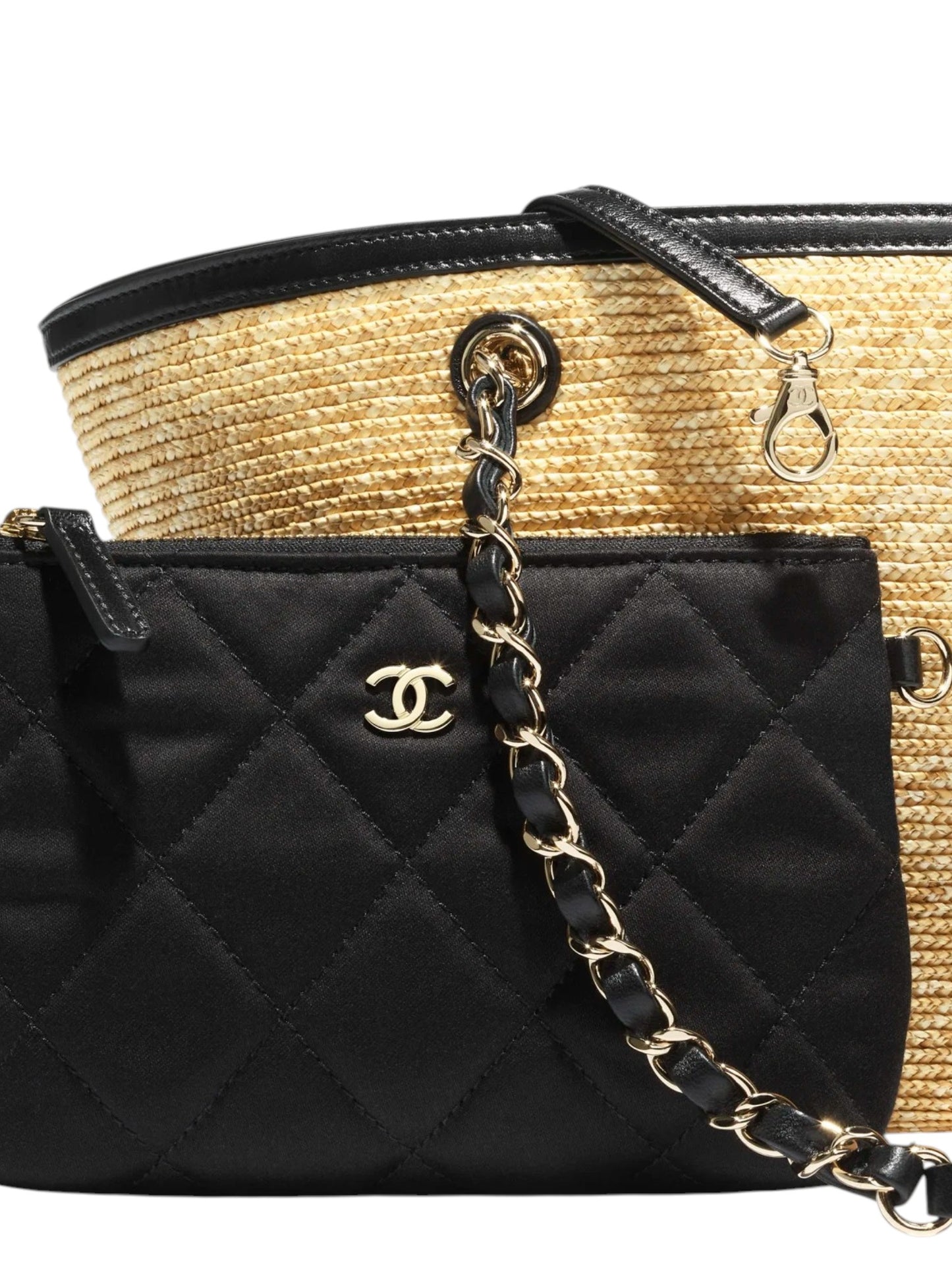 Chanel Large Shopping Tote Bag Beige Raffia and White & Black Lambskin Light Gold Hardware