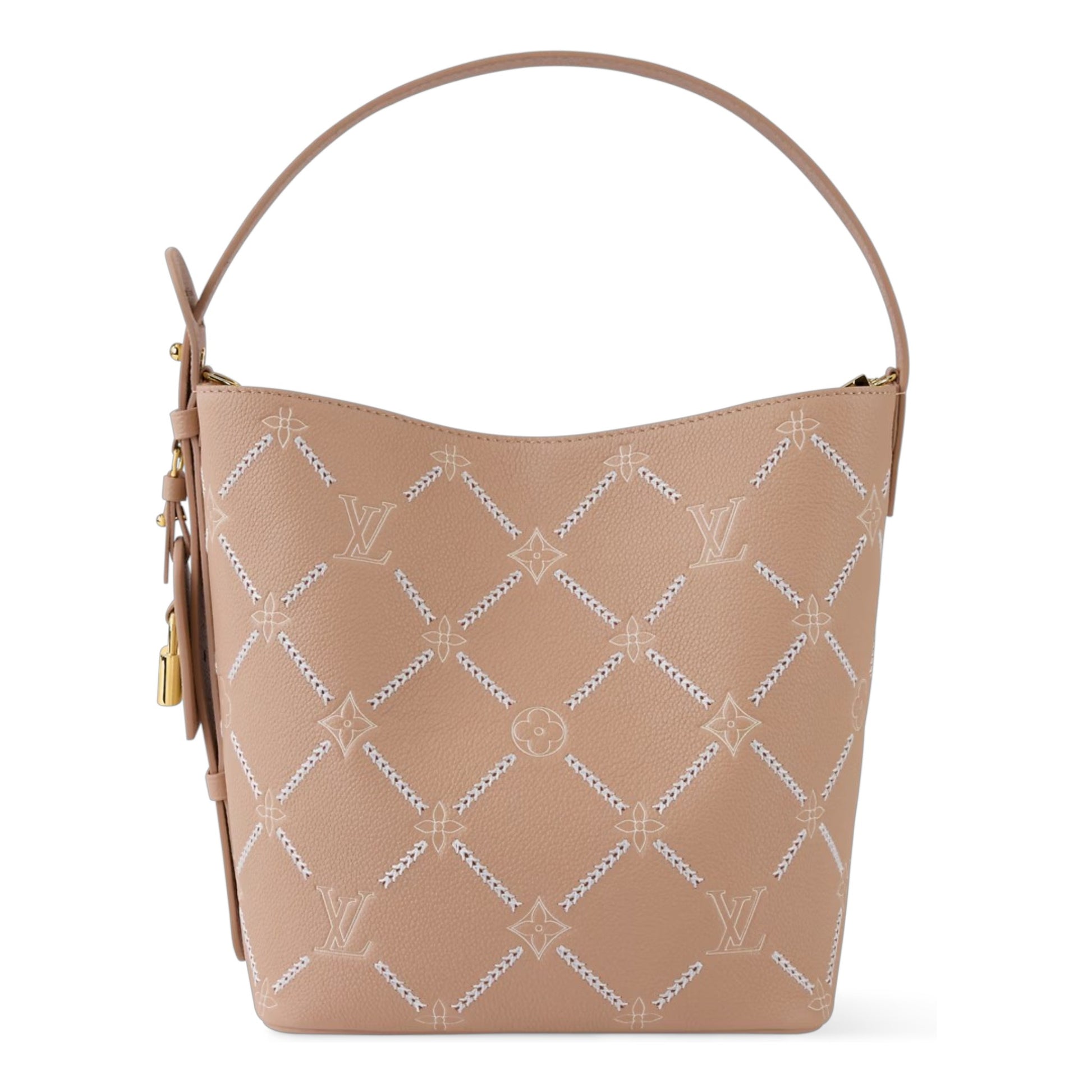 Beige handbag with diamond pattern on a white background