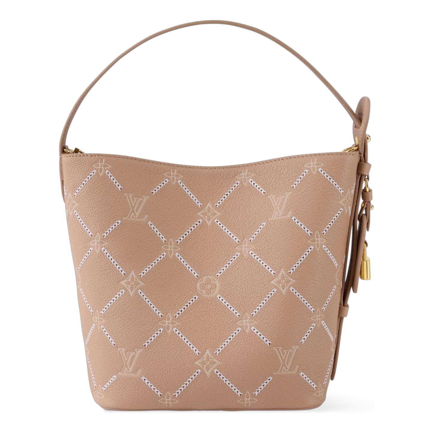Beige handbag with diamond pattern on a white background