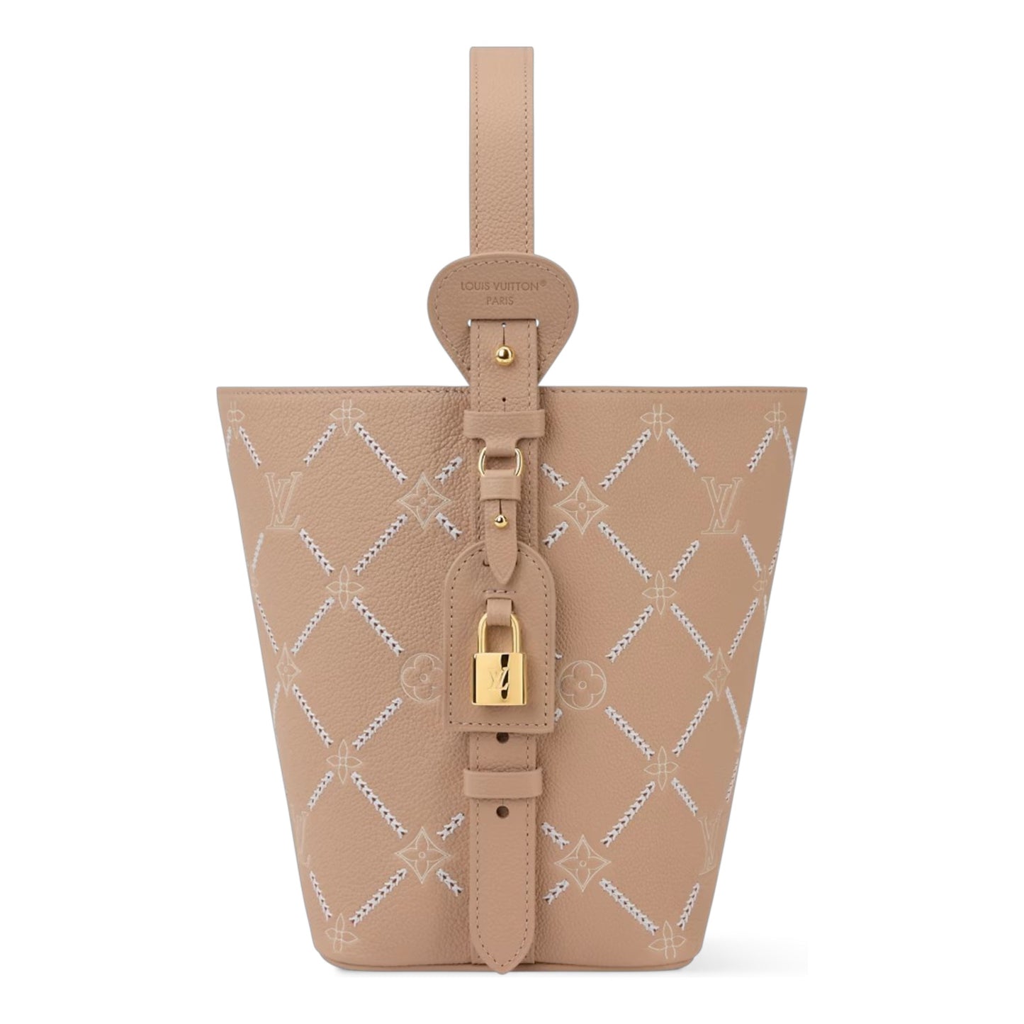 Beige handbag with gold accents on a white background