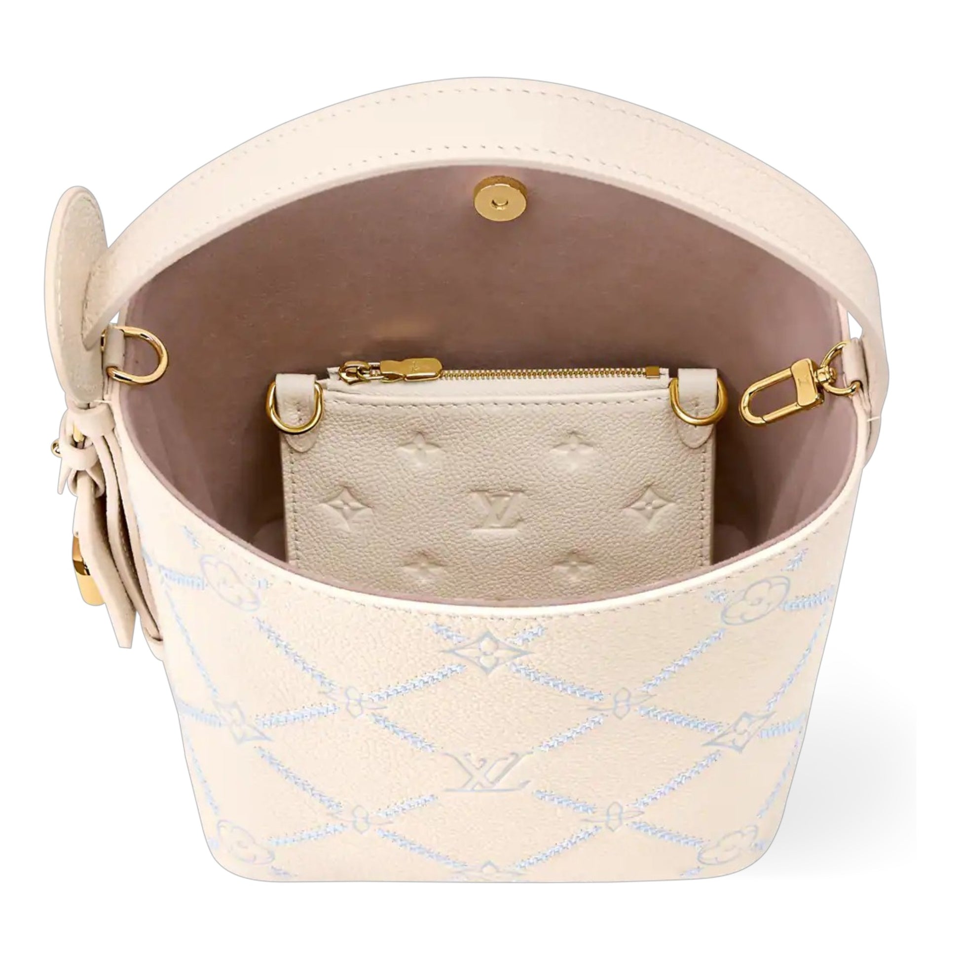 Beige handbag with a smaller pouch inside on a white background