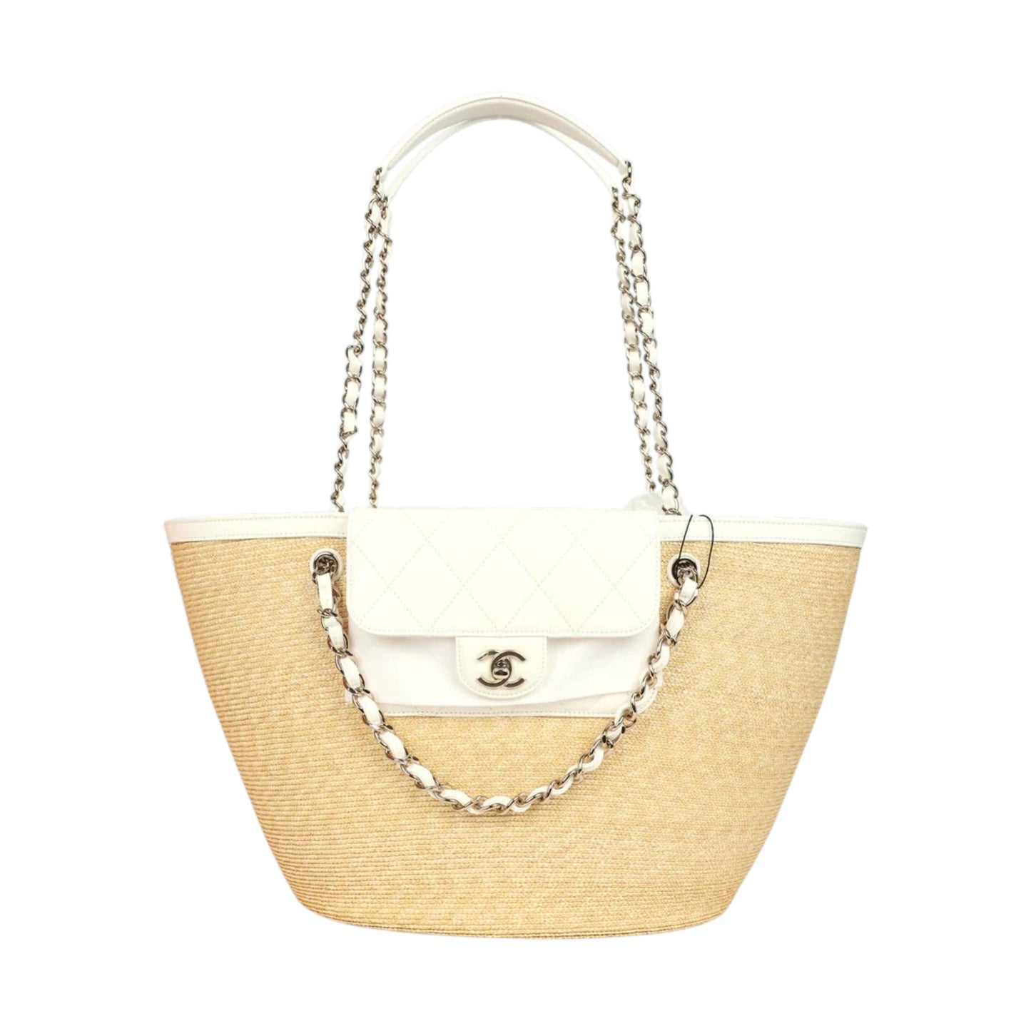 Chanel Large Shopping Tote Bag Beige Raffia and White & Black Lambskin Light Gold Hardware
