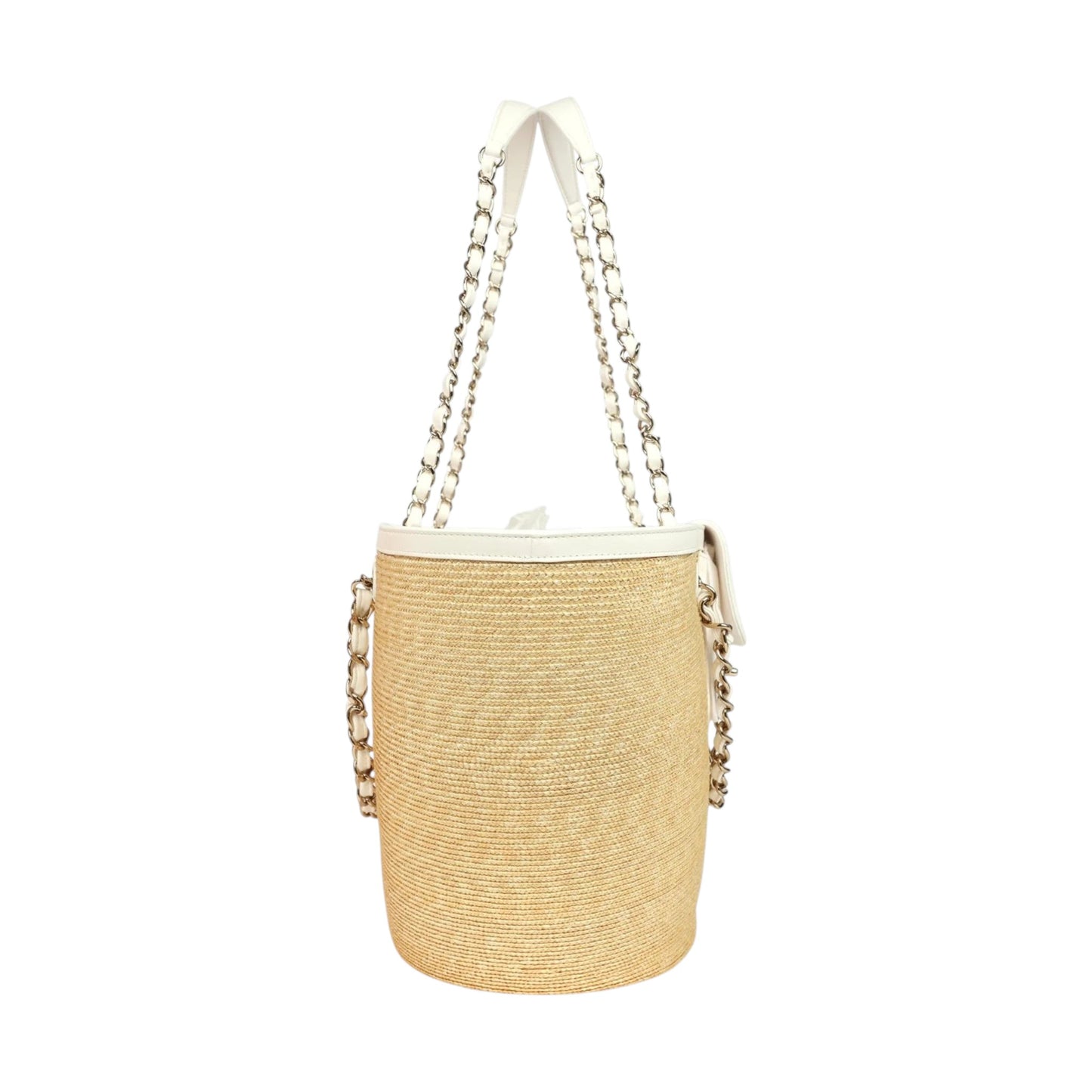 Chanel Large Shopping Tote Bag Beige Raffia and White & Black Lambskin Light Gold Hardware