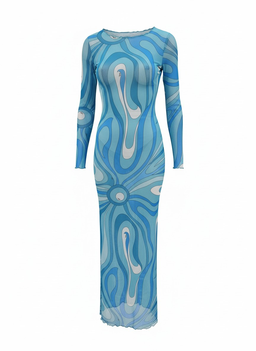 P.U.C.C.I Marmo-Print Tulle Long Sheer Dress – Blue Beach Cover-Up