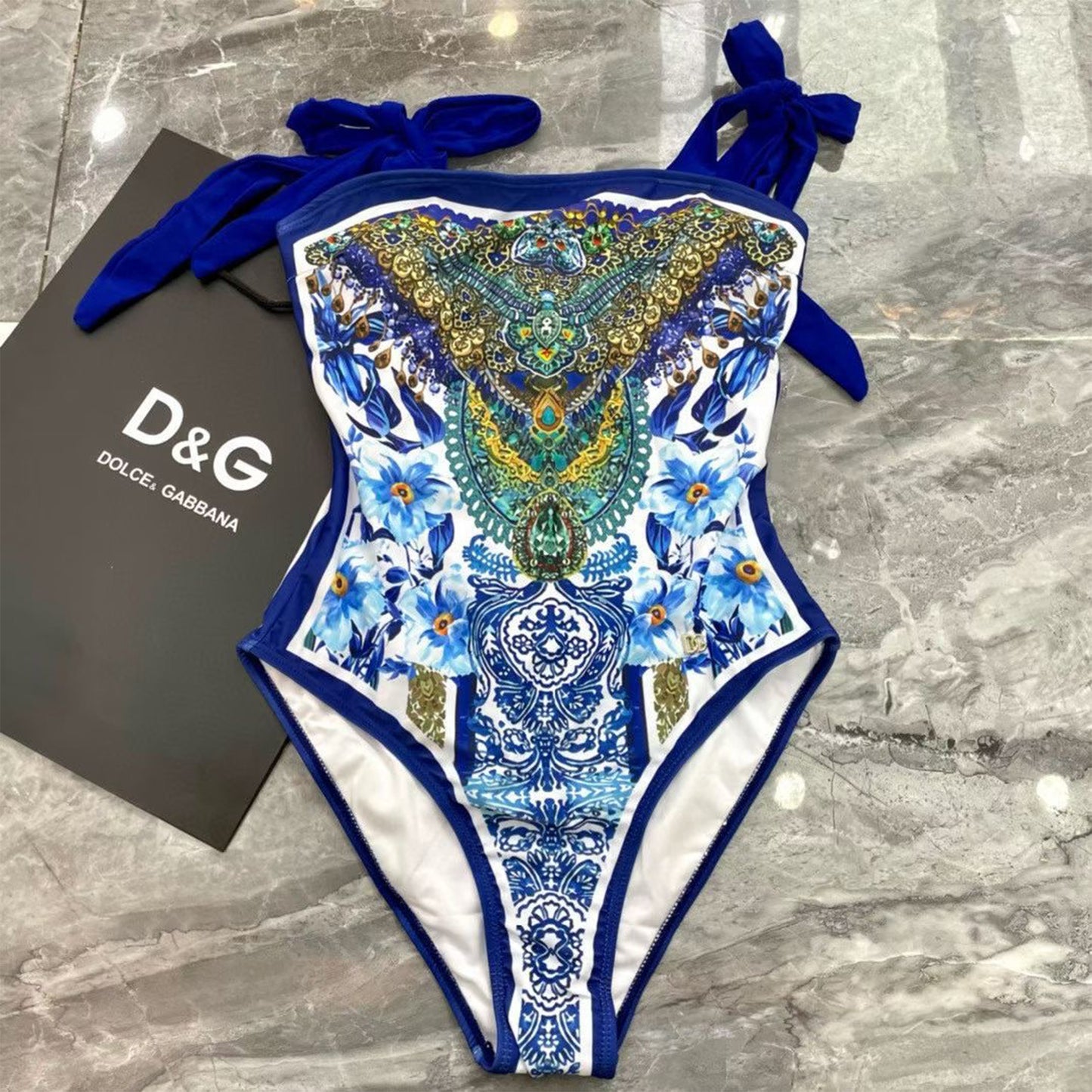 D·O·L·C·E & G·A·B·B·A·N·A Majolica Print One-Piece Swimsuit and Silk Scarf Set