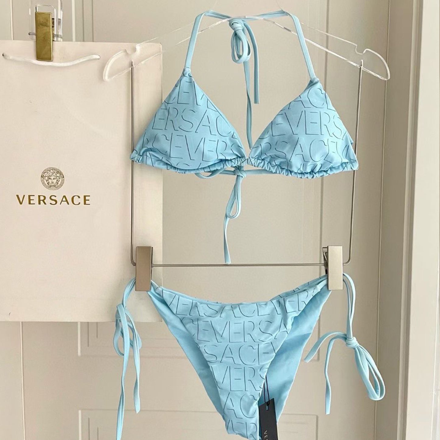 V.E.R.S.A.C.E Light Blue Logo Embossed Triangle Bikini Set