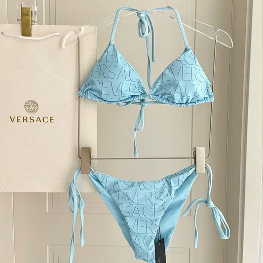 V.E.R.S.A.C.E Light Blue Logo Embossed Triangle Bikini Set