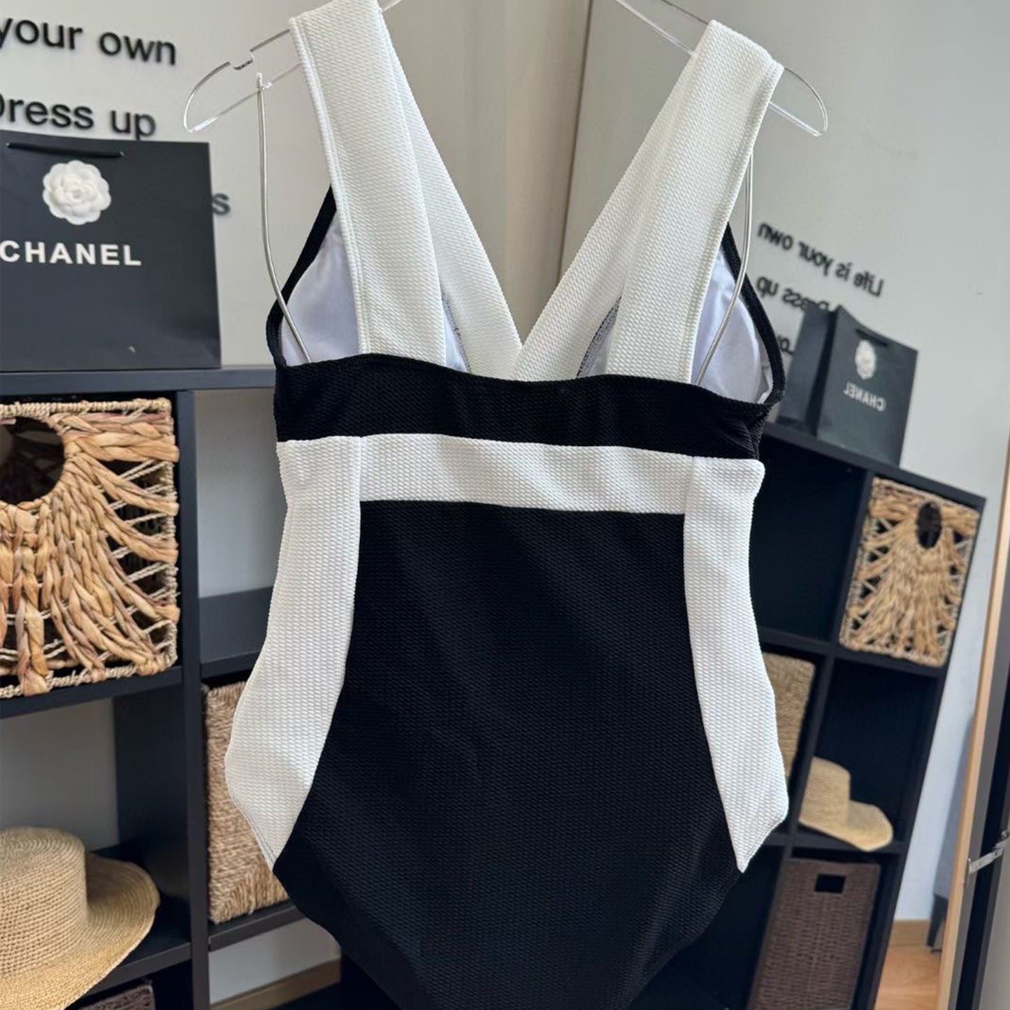 C.H.A.N.E.L Textured Color-Block One-Piece Swimsuit – Black & White