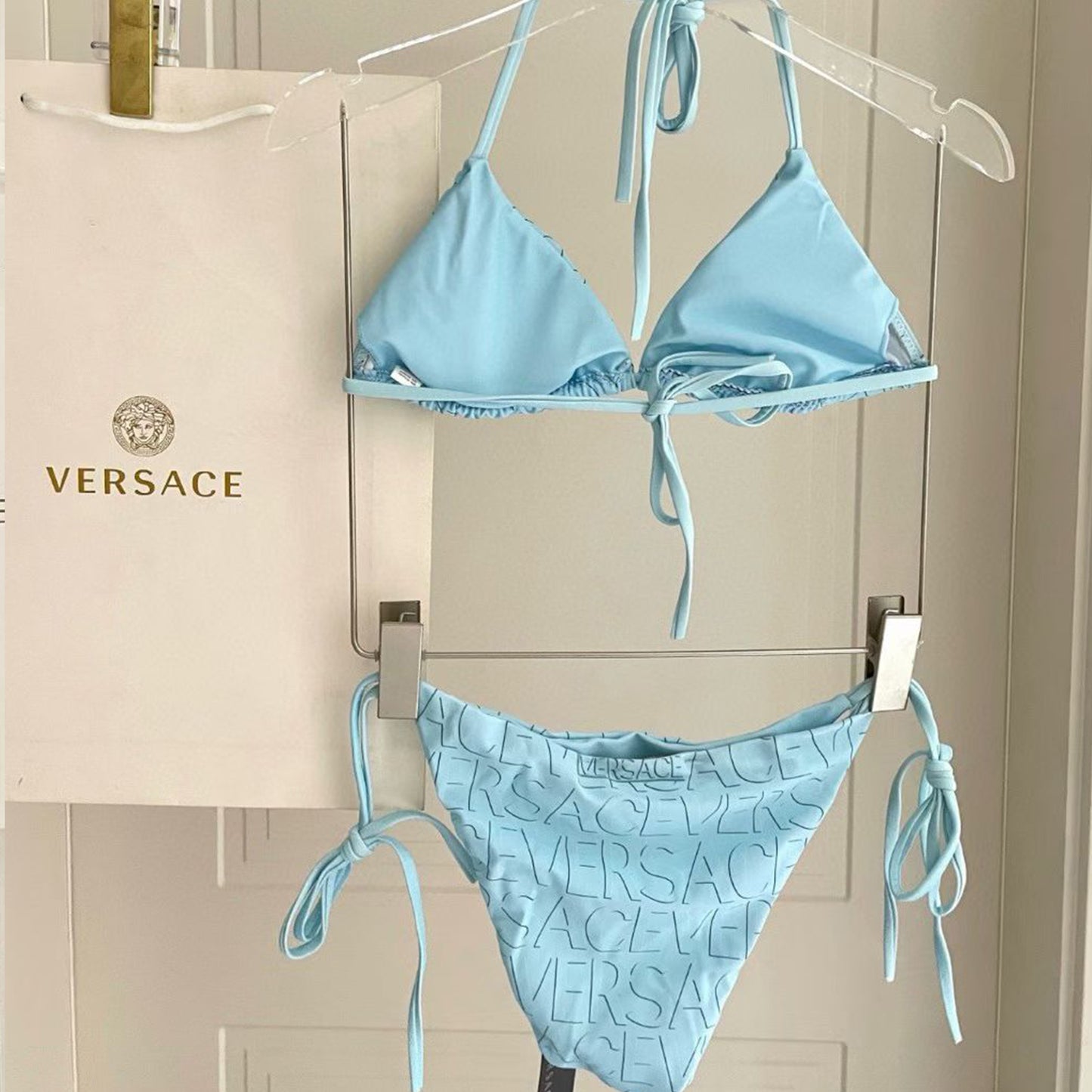 V.E.R.S.A.C.E Light Blue Logo Embossed Triangle Bikini Set