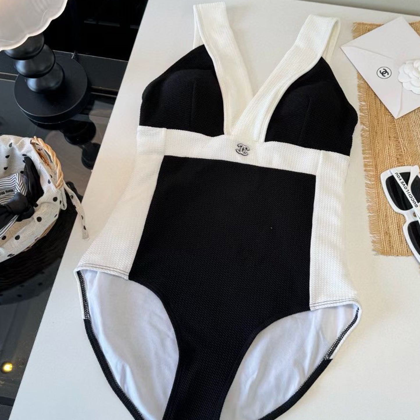 C.H.A.N.E.L Textured Color-Block One-Piece Swimsuit – Black & White