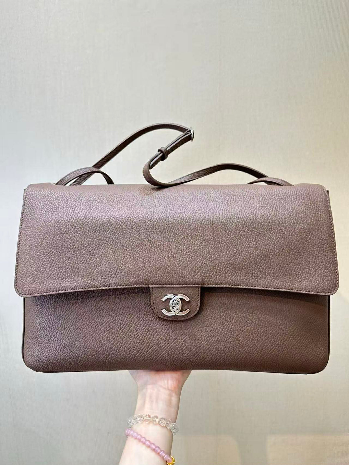 C.H.A.N.E.L Maxi Flap bag   Grained Calfskin & Gold & Silver-Tone Metal  Dark Khaki