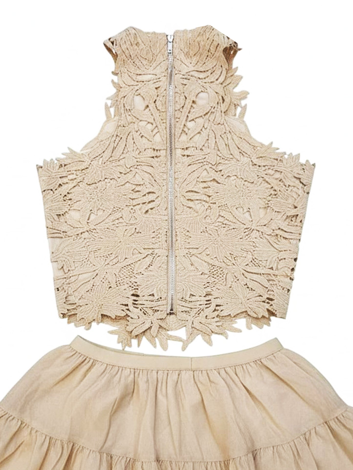 Teen Girls' 2-Piece Beige Lace Dress - Slim Fit Non-Stretch Summer Set