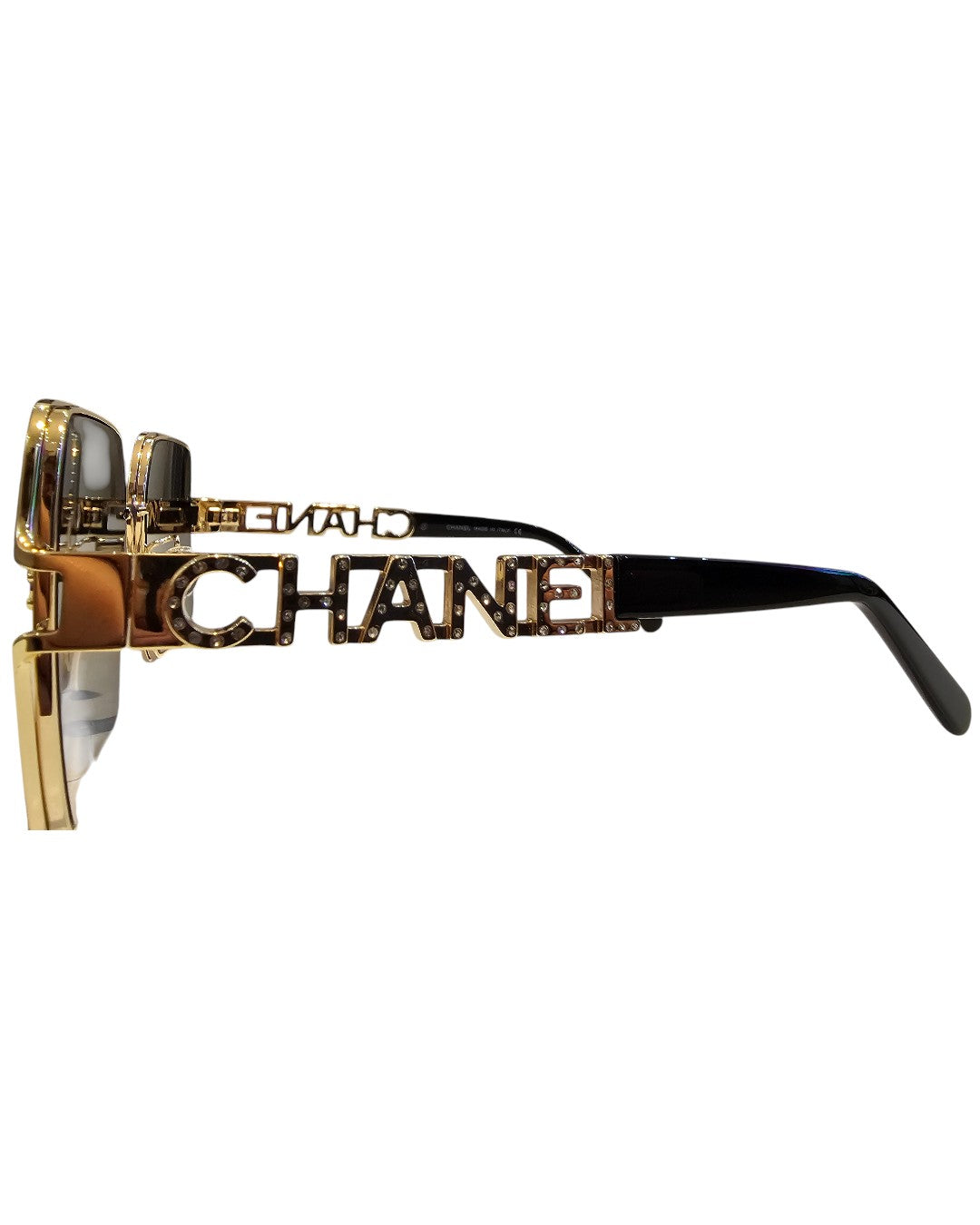 C H A N E L Square Sunglasses – Gold & Gray Gradient with Crystal Logo Detailing