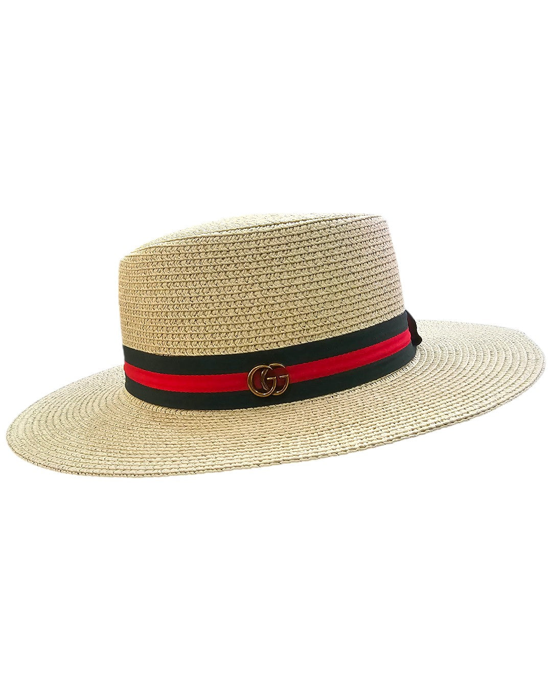 G.U.C.C.I  G.G Stripe Wide-Brim Straw Boater Hat