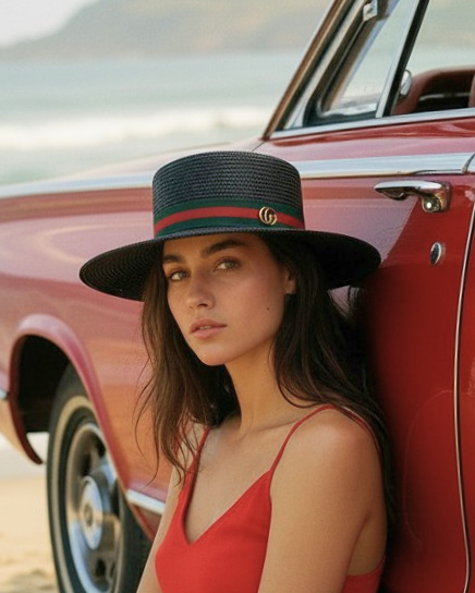 G.U.C.C.I  G.G Stripe Wide-Brim Straw Boater Hat