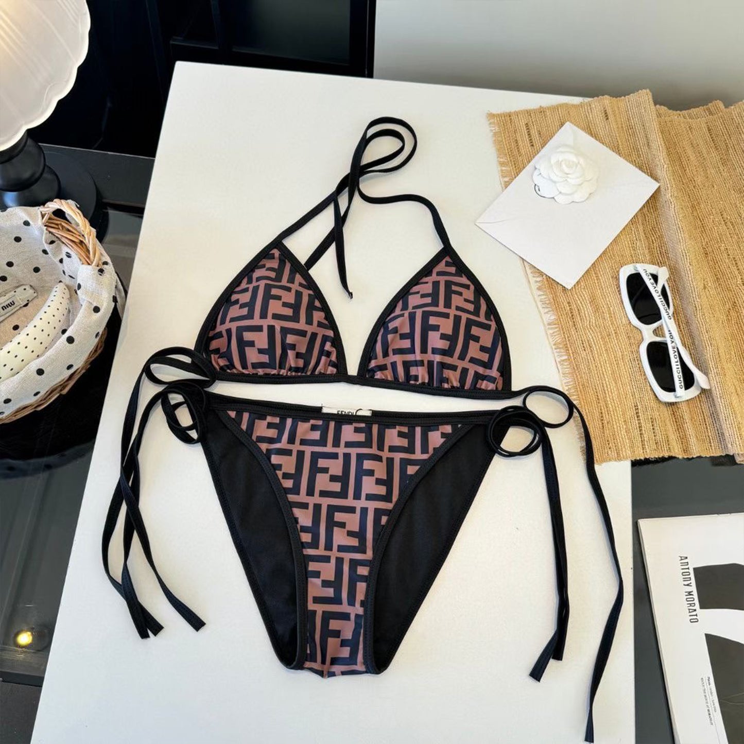 F.E.N.D.I FF Logo Brazilian Triangle Bikini – Black & Tobacco