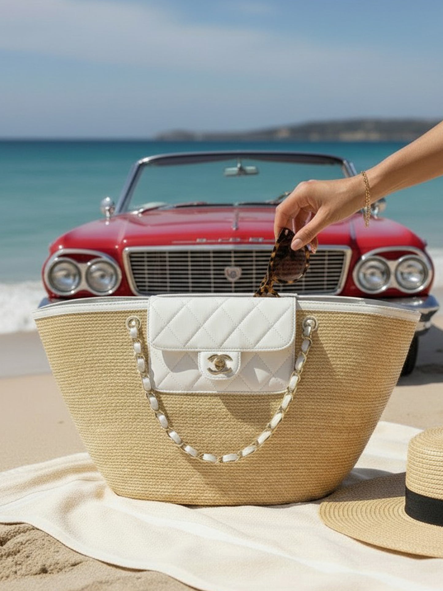 Chanel Large Shopping Tote Bag Beige Raffia and White & Black Lambskin Light Gold Hardware