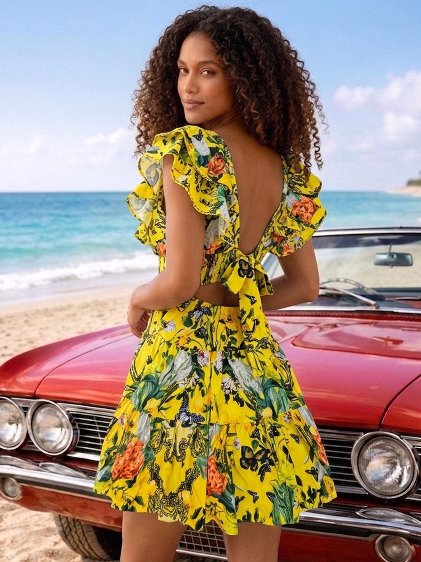 Z.I.M.M.E.R.M.A.N.N Inspired Yellow / Blue / Red Floral Back-Tie Mini Dress
